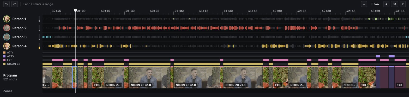 PodPilot: each mic as a waveform, the cameras, the cut as a filmstrip